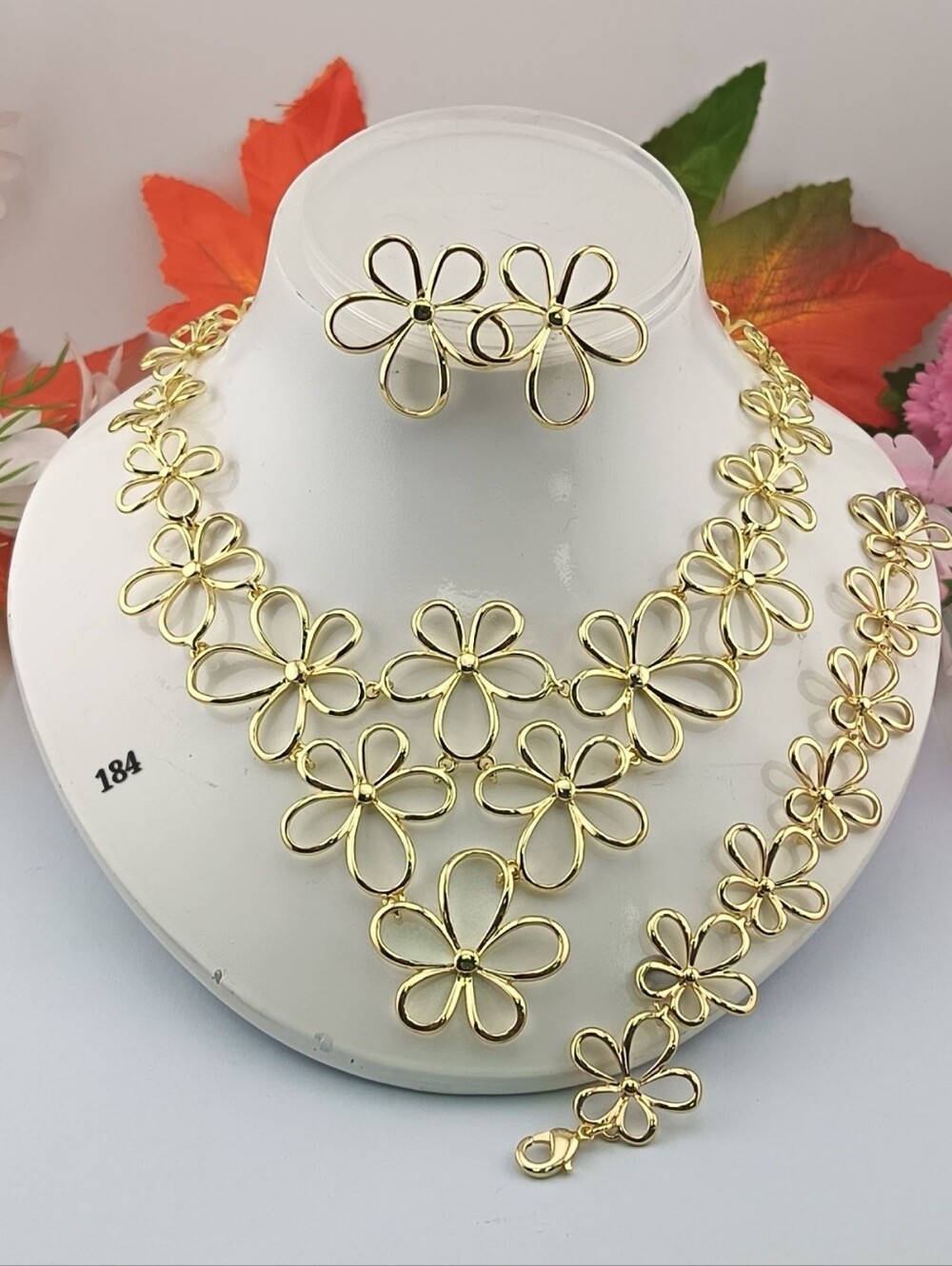 Gold Floral Statement Jewelry Set - Elegant Flower Necklace, Bracelet & Earrings